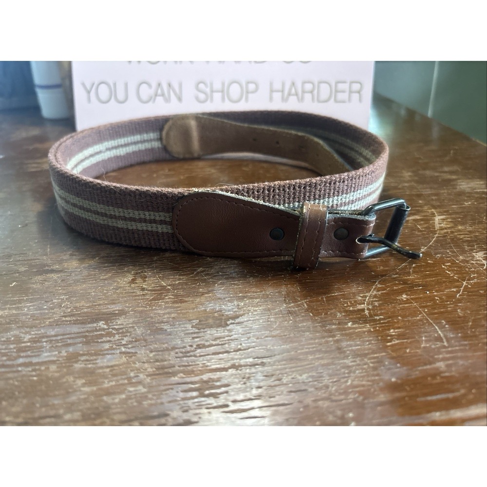 Brown Beige Striped Cotton Canvas Belt w/ Leather Tabs Waist Size 34